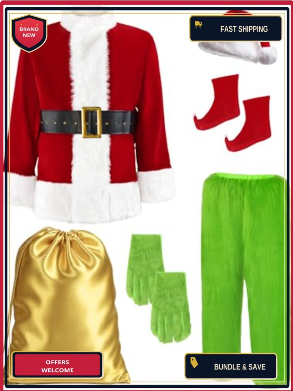 8pc Santa Suit Furry Green Monster Costume for Men Small